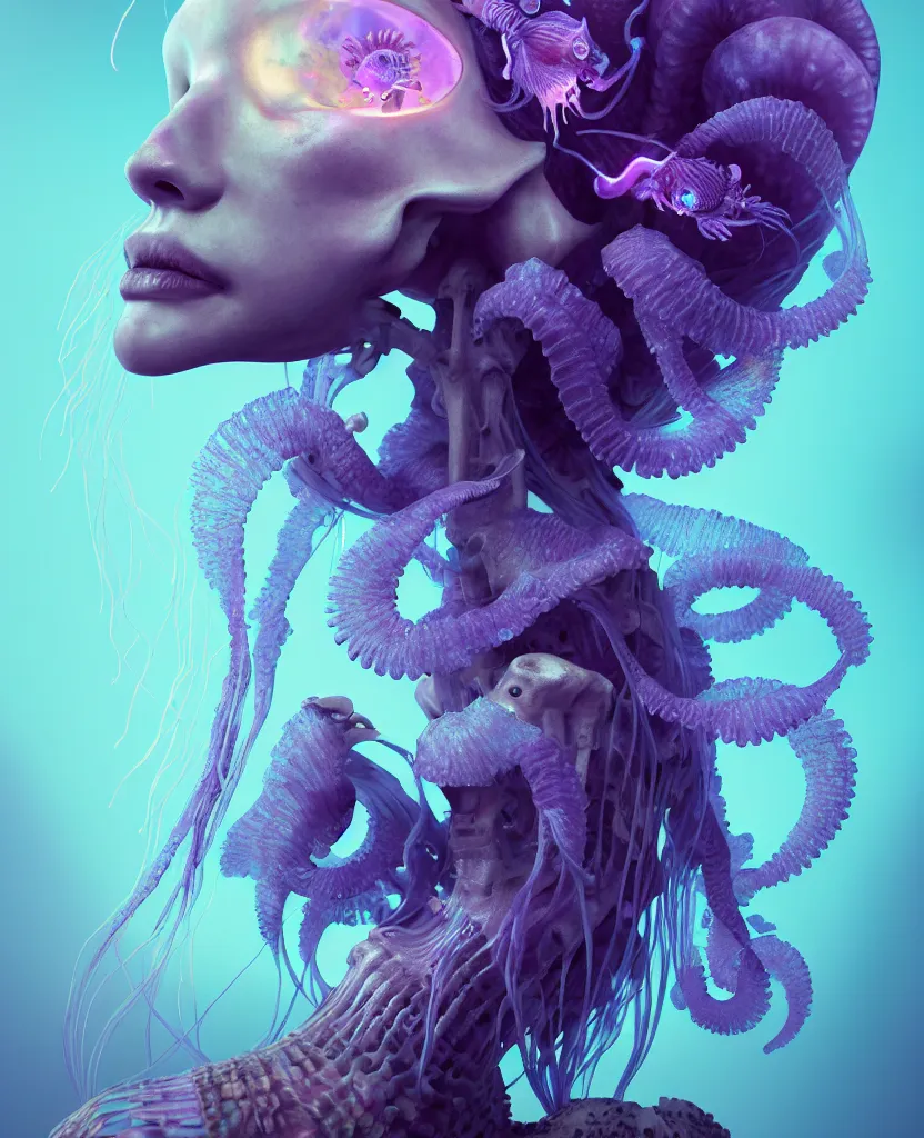 Image similar to goddess close-up portrait human skeleton, ram skull, jellyfish, orchid, betta fish, bioluminiscent, intricate artwork by Tooth Wu and wlop and beeple. octane render, trending on artstation, greg rutkowski very coherent symmetrical artwork. cinematic, hyper realism, high detail, octane render, 8k