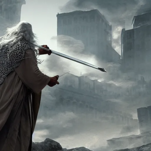 Image similar to gandalf attacks ancient athens, high detail shot, smoking, render, cgsociety, photorealism