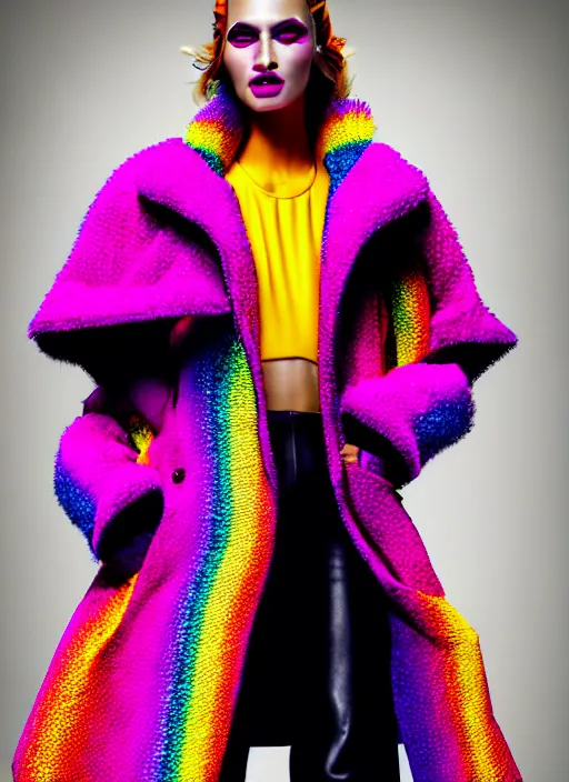 Image similar to coat for a rave, bright colors, many details, prints, photo for a magazine, photo for a store, fashion photography, Vogue, 135 mm, cinematic, hyper realism, high detail, 8k, chrome accents, perfect face