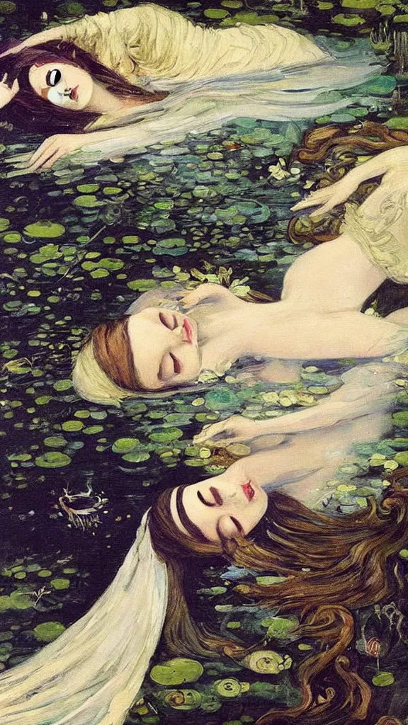 Image similar to prompt: beautiful girl sleeping in the lake with shining face painted by Valentin Serov, Ophelia painting inspired, intricate detailed oil painting, alchemical artifacts and hieroglyphs, magical items, gnarly paint marks