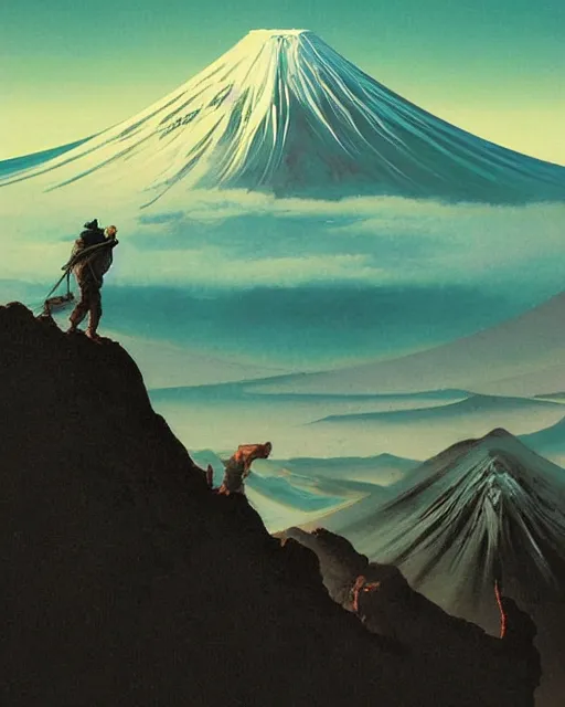 Image similar to a highly detailed epic cinematic concept art CG render digital painting artwork: Mount Fuji . By Greg Rutkowski, in the style of Francis Bacon and Syd Mead and Norman Rockwell and Beksinski, open ceiling, highly detailed, painted by Francis Bacon and Edward Hopper, painted by James Gilleard, surrealism, airbrush, Ilya Kuvshinov, WLOP, Stanley Artgerm, very coherent, triadic color scheme, art by Takato Yamamoto and James Jean