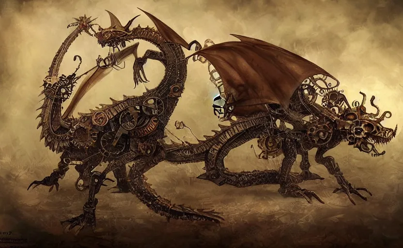 Prompt: concept art for a steampunk clockwork dragon. whimsical fantasy art. dark background. award winning painting. highly detailed digital art. masterpiece. trending on artstation