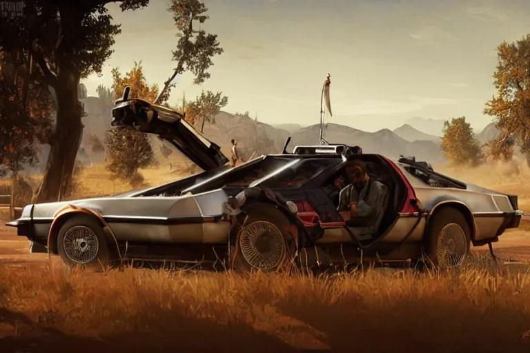 Prompt: delorean in red dead redemption 2, by greg rutkowski, by stanley artgerm, by alphonse mucha