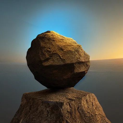 Prompt: Large reflective rock on a pedestal in a museum,detailed,digital art, in the style of a Instagram profile picture, majestic, golden hour, artstation, concept art