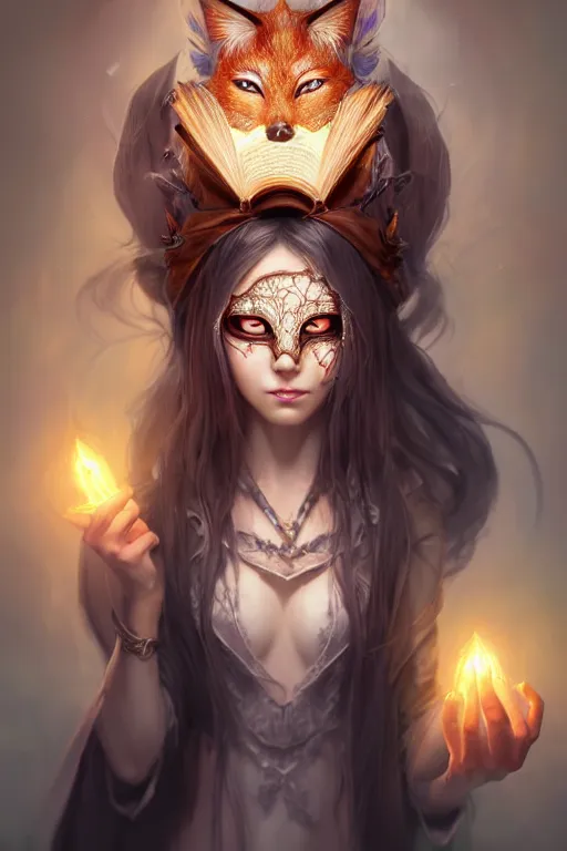 Prompt: gorgeous!!! hyper - realstic sorceress with a kitsune mask, holding a tattered magical book, casting a spell | drawn by wlop, drawn by jeehyung lee, drawn by artgerm | fantasy, intricate, highly detailed, digital painting, character design, concept art, illustration, artstation