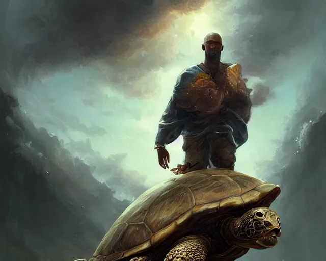 Image similar to kobe bryant riding on a turtle in heaven, fantasy art, in the style of greg rutkowski, illustration, epic art, fantasy, intricate, elgant, amazing detail, digital painting, artstation, concept art, smooth, sharp focus