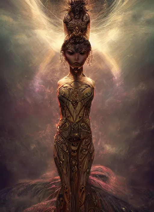 Image similar to epic portrait of menacing and proud yet stunningly beautiful biomechanical djinn overseeing the iridescent fabric of the universe, by charlie bowater, mandy jurgens, gustav klimt, octane render, dramatic camera angle, 4k, 8k, high detail, HDR, by tom bagshaw, powerful, with inspiration from Beksinski, inspired by greek goddess Athena