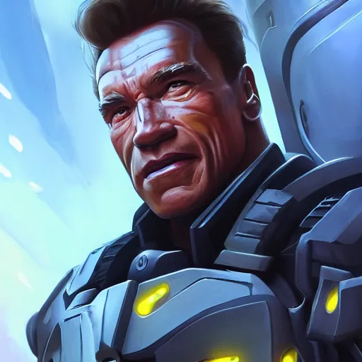 Image similar to a screenshot of arnold schwarzenegger as echo in overwatch, portrait, fantasy, beautiful face, vivid colors, elegant, concept art, sharp focus, digital art, hyper - realistic, 4 k, unreal engine, highly detailed, hd, dramatic lighting by brom, trending on artstation