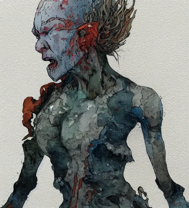 Image similar to a 3 / 4 view watercolor ink painting of a post - apocalyptic mutant sorcerer wearing a dress trending on artstation deviantart pinterest detailed realistic hd 8 k high resolution