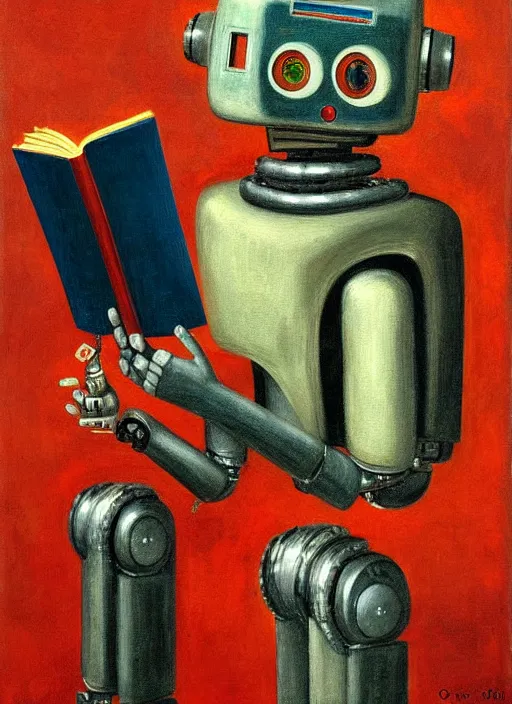 Prompt: portrait of a robot reading a book, highly detailed, painting by otto dix, 8 k