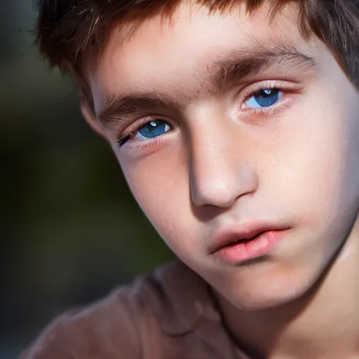 Image similar to a closeup portrait of a boy with brown hair and brown eyes. Extremely clear and high quality eyes with reflection, realistic face and details, clear lips and high quality