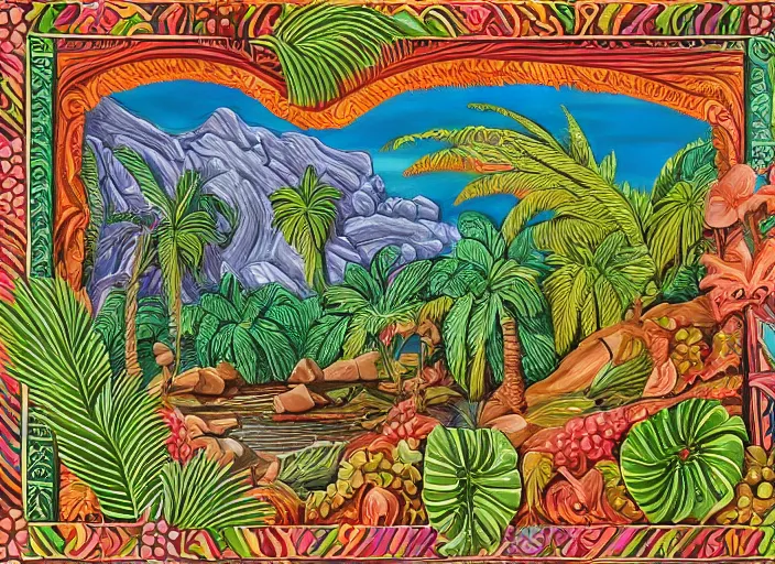 Prompt: colorized stylized bas relief sculpture of a tropical paradise with a waterfall and a detailed ornate frame in mexico folk art style