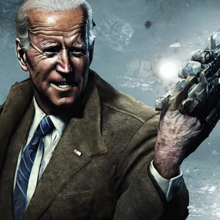 Prompt: Joe Biden in Call of Duty Zombies, Gameplay Screenshot, Direct Warm Lighting, High Graphics, Detailed