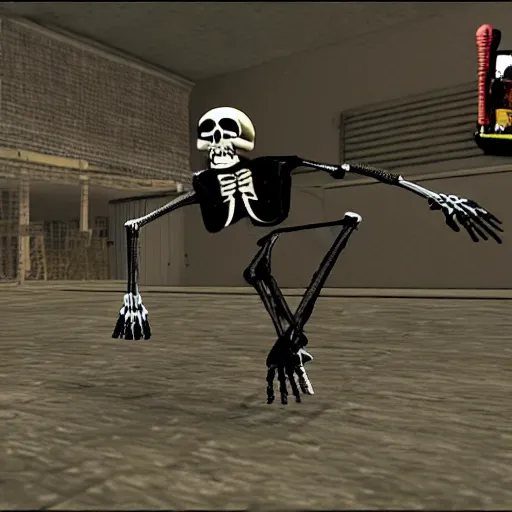 Image similar to A gameplay screenshot of a skeleton in tony hawk (PS2, 2004)