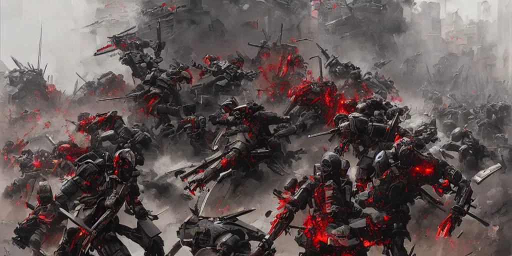 Image similar to demonic samurai robot slaughtering french soldiers and civilians in the interbellum paris, very detailed painting, concept art, intense heavy street battle, pile of bodies, a lot of blood on the streets, art by greg rutkowski and jakub rozalski