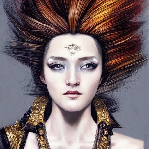 Image similar to portrait, headshot, insanely nice professional hair style, dramatic hair color, digital painting, of a old 17th century, old cyborg merchant, amber jewels, baroque, ornate clothing, scifi, realistic, hyperdetailed, chiaroscuro, concept art, art by Franz Hals and Jon Foster and Ayami Kojima and Amano and Karol Bak,