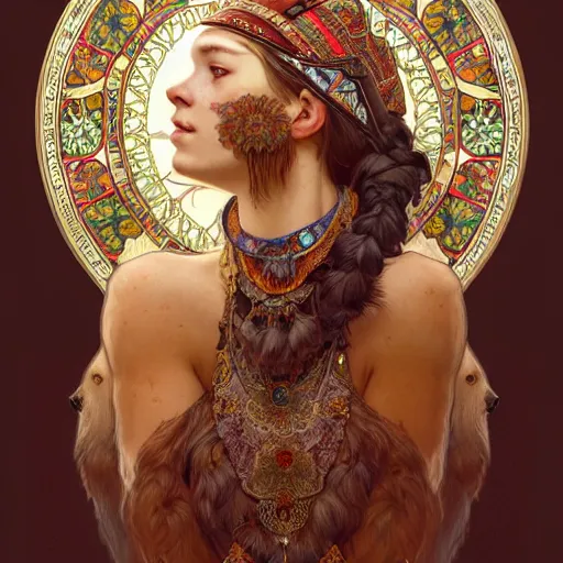 Image similar to a portrait of a female bear hybrid, upper half portrait, decorated with russian motifs, russian shaman, siberia, traditional russia, intricate, elegant, highly detailed, symmetry, headpiece, digital painting, artstation concept art smooth sharp focus, illustration, art by artgerm and greg rutkowski alphonse mucha 8 k