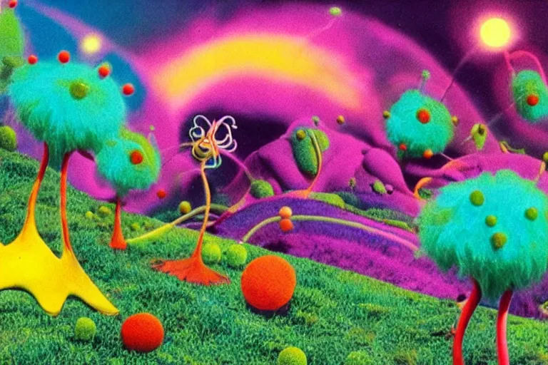 Prompt: vhs footage of a colorful alien world, with mountainous absurd looking twirly terrain, green grass, and colorful fuzzy creatures roaming and flying in it, and lots of weird alien plants, dr seuss inspired, realistic