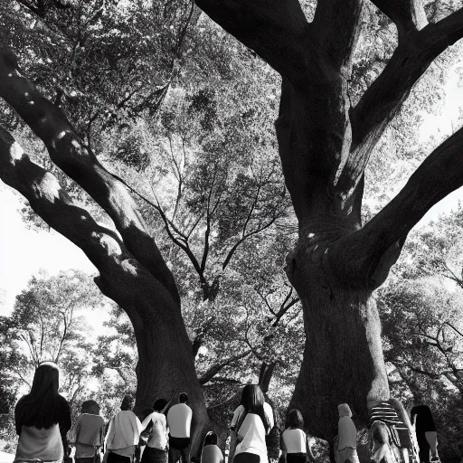 Image similar to a group of people in a park staring up at a gigantic tree, professional monochromatic, digital artwork