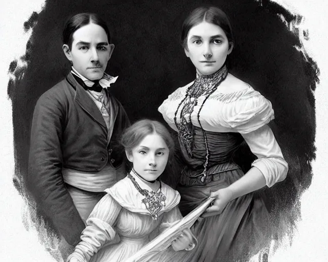 Image similar to black and white old photograph of a family in the 1 8 0 0 s, deep focus, d & d, fantasy, intricate, elegant, highly detailed, digital painting, artstation, concept art, matte, sharp focus, illustration, hearthstone, art by artgerm and greg rutkowski and alphonse mucha