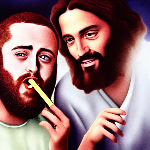 Image similar to a ultra detail picture portrait of Mac Miller and Jesus smoking a joint in heaven, 8k, photorealistic