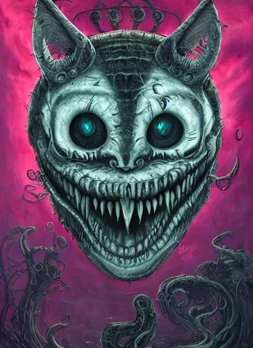 Image similar to cheshire cat, call of cthulhu, half skull half face, highly detailed, cinematic, 8 k, by megan duncanson, benjamin lacombe, adrian borda, stanley artgermm, tom bagshaw, craig mullins, carne griffiths, ayami kojima, beksinski, giger, trending on deviantart, hyper detailed, horror, full of colour