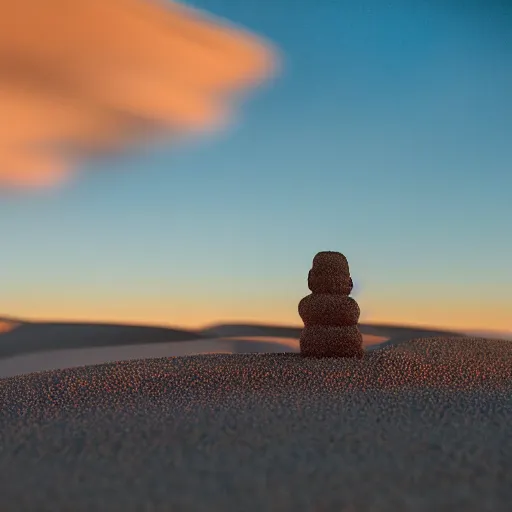 Prompt: a snowman is lost in the desert at sunset, he’s next to a sandcastle, beautiful photography, 8k, ambient light