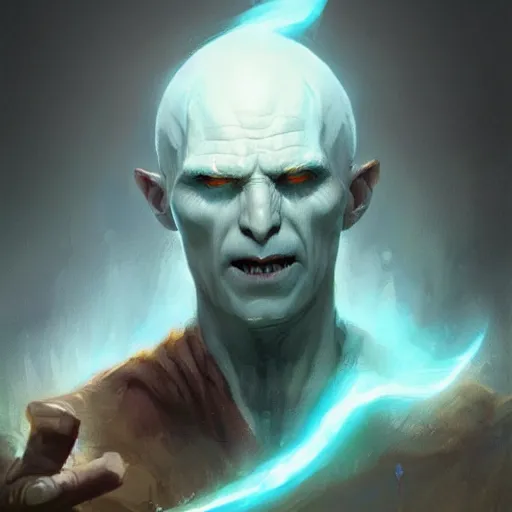 Image similar to a wizard young bald with no beard with blue skin with the nose of Voldemort, casting a powerful spell, painted by Greg Rutkowski, trending on ArtStation