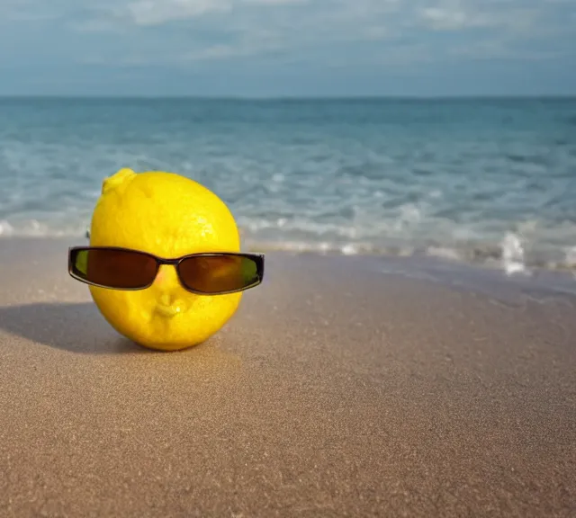 Prompt: a 4 k photorealistic photo close up of a lemon wearing sunglasses on a beach