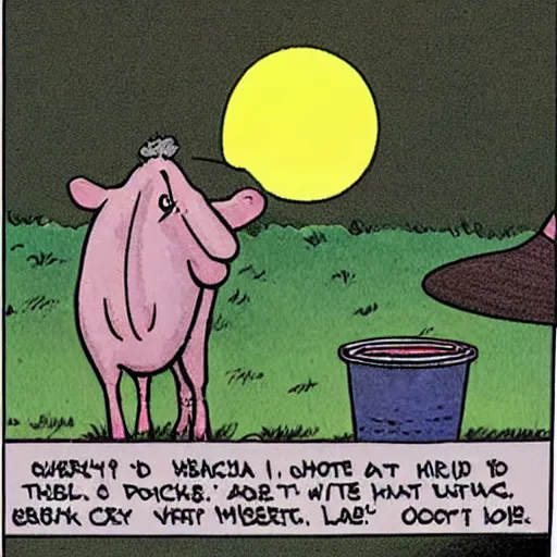 Image similar to a cow points at a bucket, far side comic by gary larson