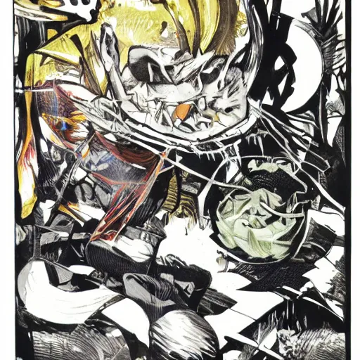 Image similar to mario stomping on a goomba, line art black and white, art by artgerm and greg rutkowski and alphonse mucha