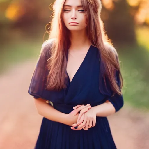 Image similar to outdoor portrait of a very beautiful young woman with gorgeous eyes, high cheek bones, flowing hair, lens flare, glow, dramatic lighting, 5 0 mm f 1. 2, fuji 4 0 0 h