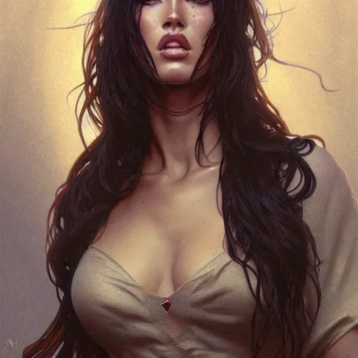 Image similar to Megan Fox , highly detailed, digital painting, artstation, concept art, sharp focus, illustration, art by greg rutkowski and alphonse mucha