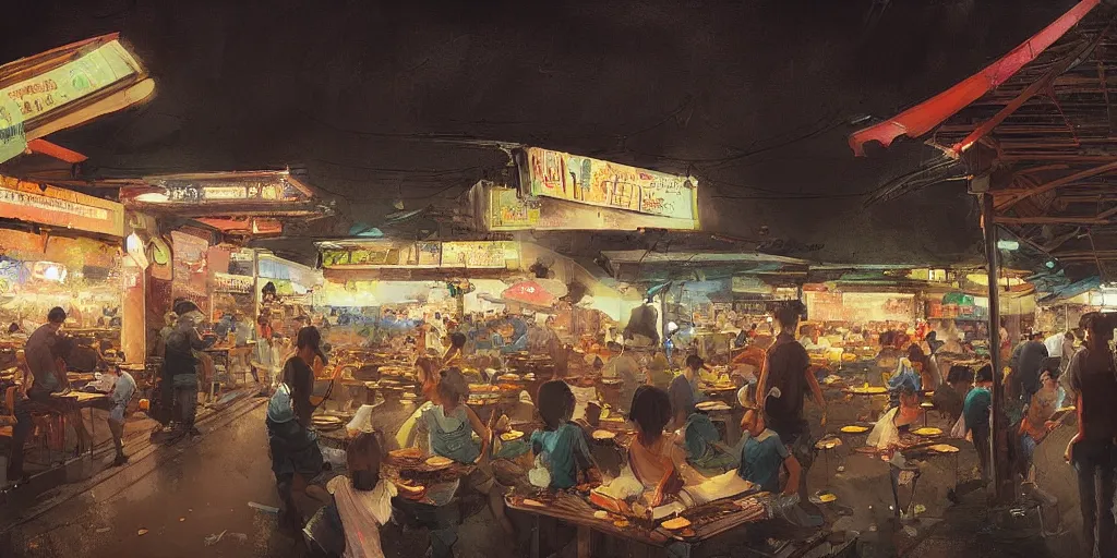 Image similar to a singaporean hawker centre at night, by greg rutkowski