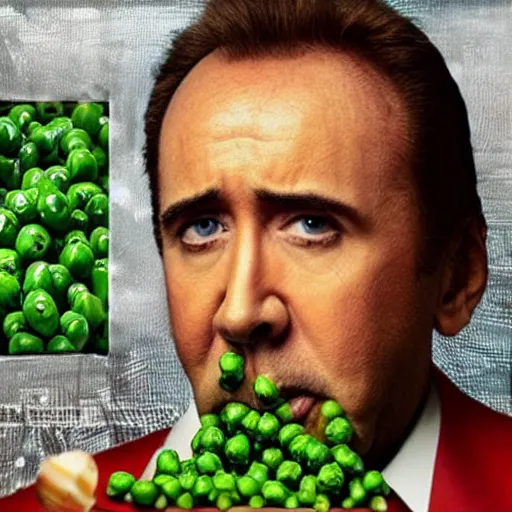 Image similar to nicolas cage trapped in a wicker cage with peas on his face, looking up, not the bees