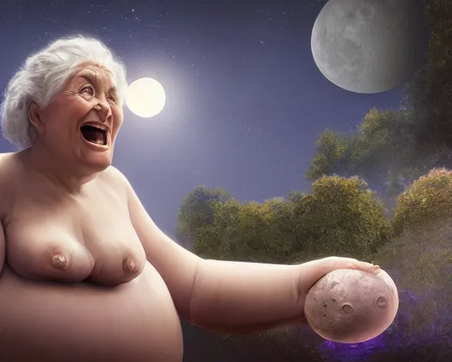 Image similar to of a very beautiful scene. ambient occlusion render. a sweet fat old woman is giving birth to the moon. hyper realistic. 4 k. wide angle. wild. symmetrical face, red mouth, blue eyes. deep focus, lovely scene. ambient occlusion render. concept art. unreal engine.