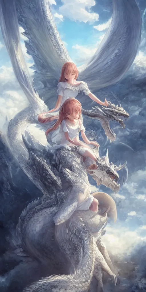 Image similar to the beautiful hyper detailed portrait render that a beautiful princess sitting on the back of a huge silver white dragon alone in fairyland surrounded by white clouds, finely detailed angelic face delicate features, style of studio ghibli, makoto shinkai, raphael lacoste, artgerm, james jean, ross tran, animation style, hd, ultra wide angle