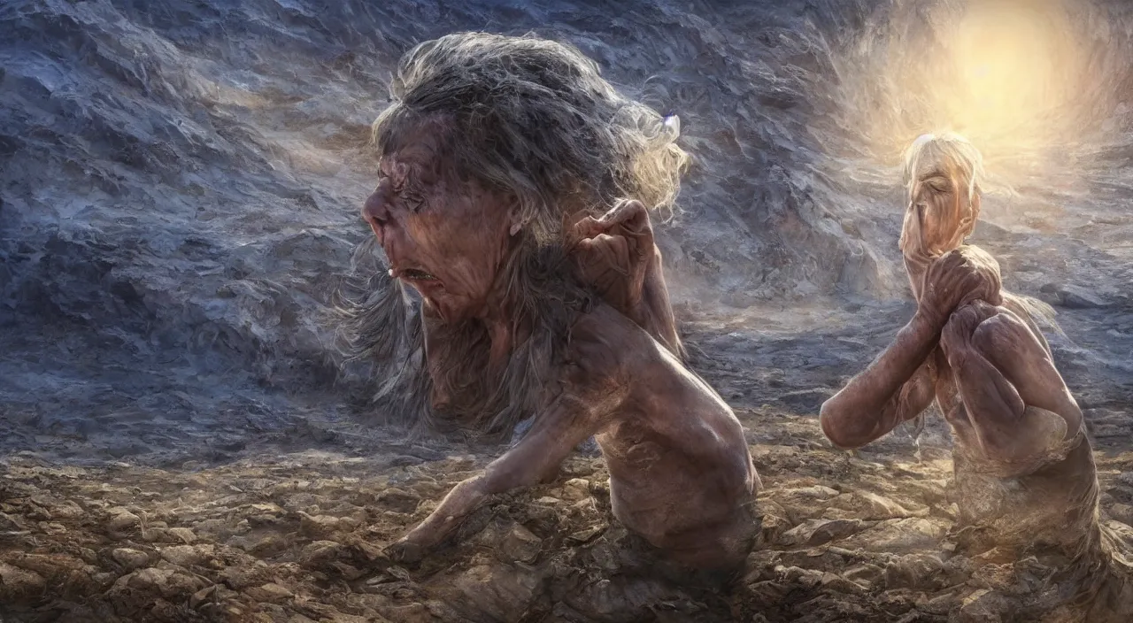 Prompt: Giant 65-year-old giant Gaia woman crying as she's dying on a dried up river in a desolate land, blue sky, hot and sunny, highly-detailed, elegant, dramatic lighting, artstation, 4k, cinematic landscape