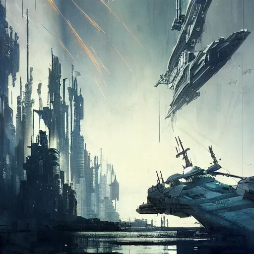 Image similar to cyberpunk battleship in the sky, concept art with intricate line drawings, by John Harris, Emil Melmoth, Craig Mullins, Yoji Shinkawa, trending on artstation, moebius comic, Marc Simonetti, lan McQue, Kentaro Miura, hyper detailed, cinematic