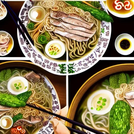 Prompt: flatlay realistic photo of delicious pho, ramen, aesthetic table cloth, highly detailed, by marc haydon, kailee mandel, masterpiece, 8 k hd, award winning, artstation,