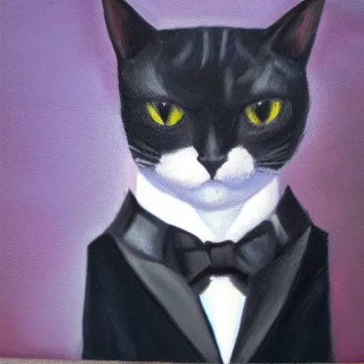 Image similar to oil painting of a cat wearing a tuxedo