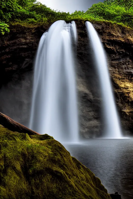 Image similar to An award winning professional photograph of a cliff face with a waterfall, long exposure shot, stunning composition.