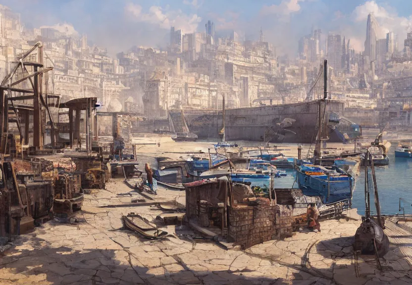 Prompt: a harbor with a concrete dock and a storage facility, old european city, summer season, very hot, dry desert, large sun in sky, architecture, a realistic digital painting by greg rutkowski and james gurney, trending on artstation, highly detailed