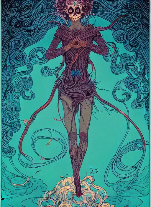 Image similar to beautiful tarot illustration of death, in the style of james jean and victo ngai and sam guay and moebius and sam spratt, mystical colors, trending on artstation