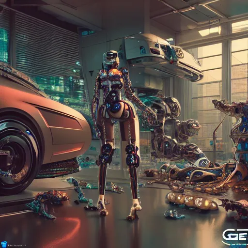 Image similar to a beautiful highly detailed futuristic mechanical lady in seductive confident pose, cyberpunk garage on jupiter, filled with people, art by geof darrow, 4 k, octane render