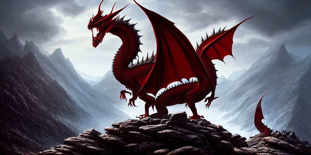 Image similar to red dragon standing on summit of a mountain, forest and valley below, ultra high definition, ultra detailed, symmetry, god rays, sci - fi, dark fantasy, by greg rutkowski