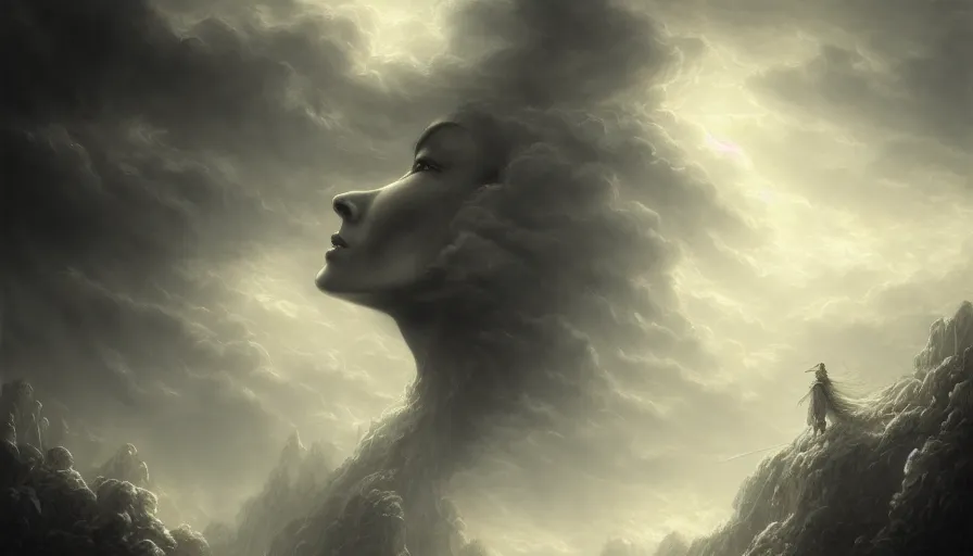 Prompt: face in the clouds, fantasy, dramatic, intricate, elegant, highly detailed, digital painting, artstation, concept art, smooth, sharp focus, illustration, art by gustave dore, octane render