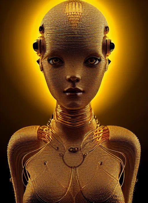 Image similar to portrait of an absurdly beautiful, graceful, sophisticated, fashionable futuristic female golden robot with human eyes and two heads, glowing internal warm light, hyperdetailed illustration by irakli nadar and alexandre ferra, intricate linework, faberge, intricate gold headdress, dark atmosphere, unreal engine 5 highly rendered, global illumination, radiant light, detailed and intricate environment