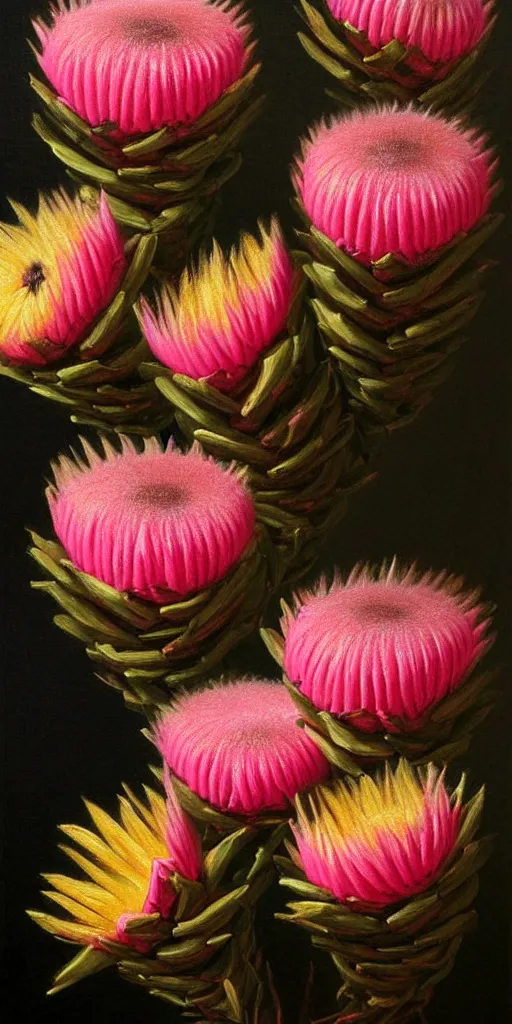 Image similar to detailed pink and yellow protea pincushions against a black backdrop by thomas cole, detailed brush strokes, oil painting, artstation