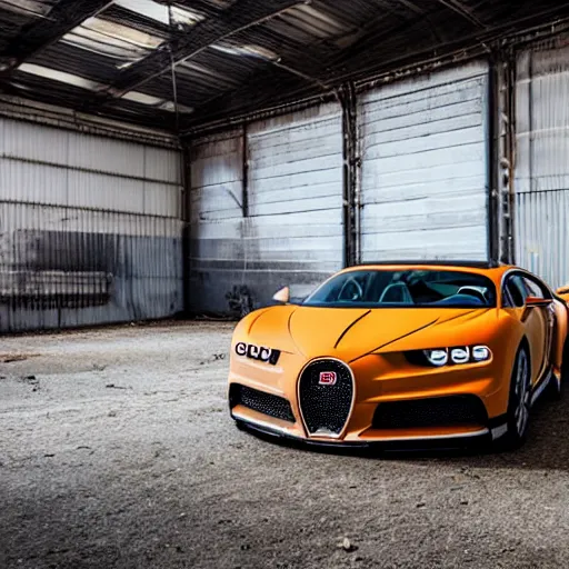 Image similar to an abandoned, derelict, ( really rusty ) bugatti chiron in a dirty warehouse